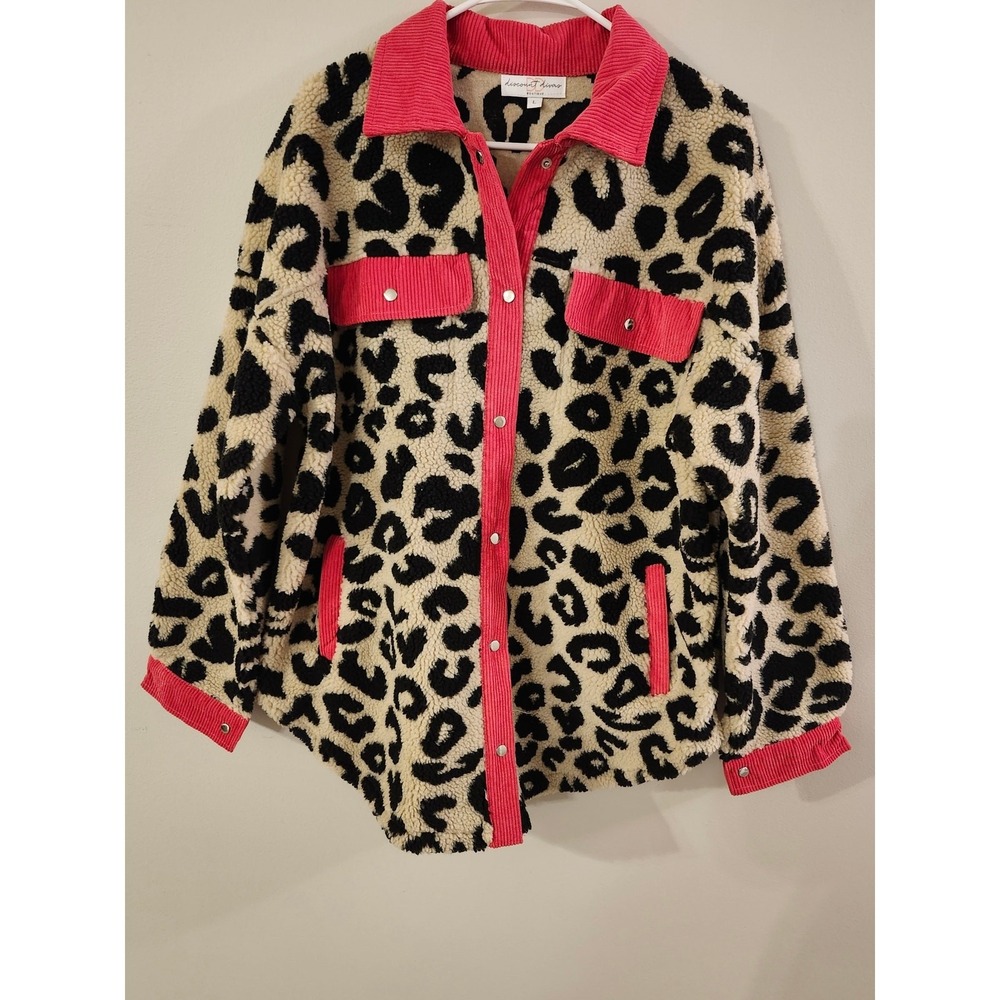 Boutique Animal Print Sherpa Shacket Women's Size Large Camel, Hot Pink, Black